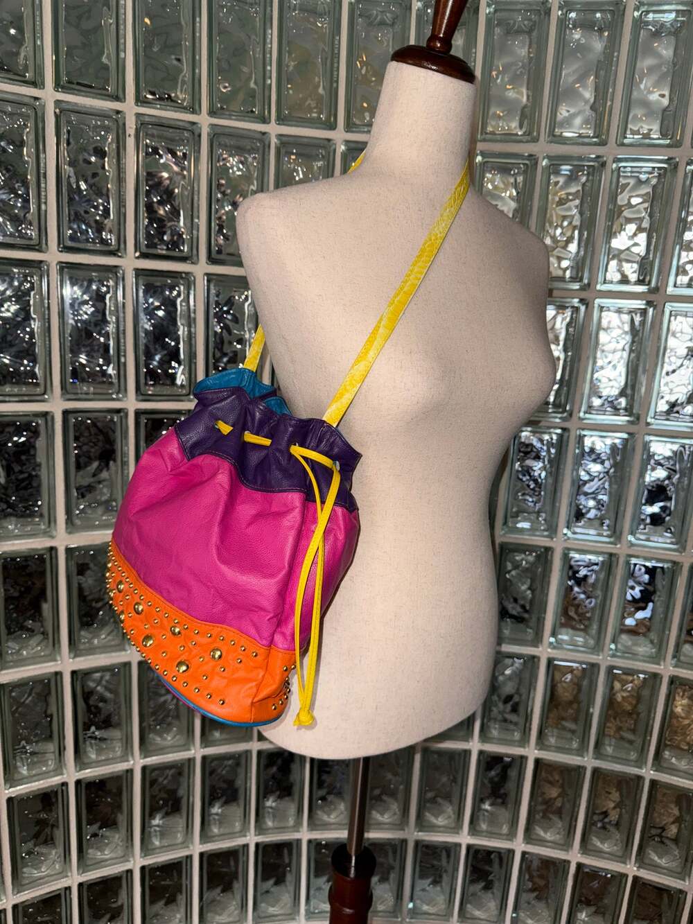 Vintage Rare Genuine Leather Made In The USA ColorBlock Jeweled Bucket Bag Purse